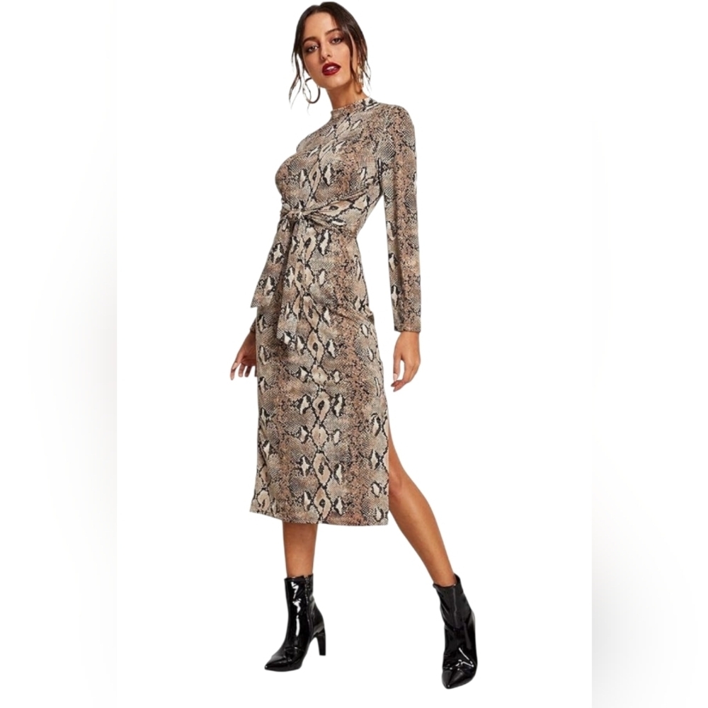 Snake-Print Long Sleeve Tie-Waist Midi Dress - Picture 3 of 10